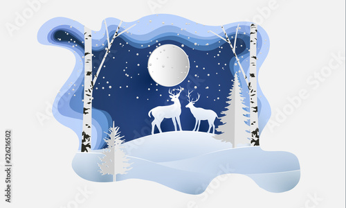 vector illustration of the snow forest and the deer. beautiful winter with paper art style © Framework Wonderland