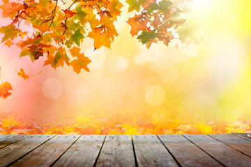 Multi colored autumn leaves bokeh background over wooden deck 