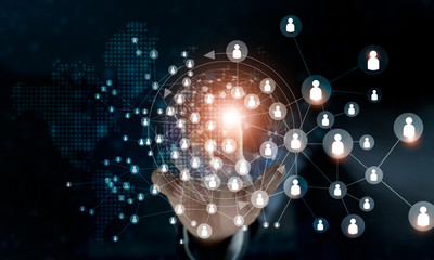 Business woman touching global structure networking and data exchanges customers connection on dark background