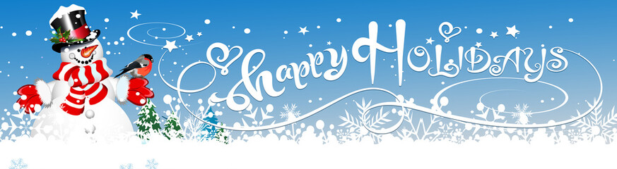 Merry Christmas and Happy New Year - Christmas card. Snowman and calligraphic text Happy Holidays on blue background