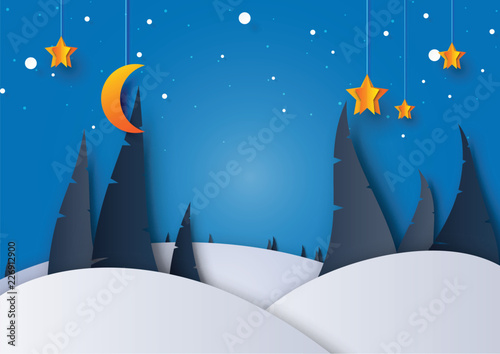 Night winter season landscape with pine tree,moon and stars for merry christmas and happy new year background paper art style.Vector illustration. © Man As Thep