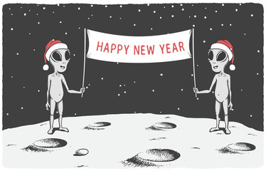 aliens congratulate us happy new year with a banner on Moon. Space characters.holiday vector illustration