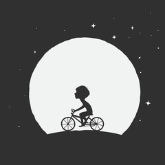 Little boy rides on a bicycle on the moon background .Prints design.Vector illustration