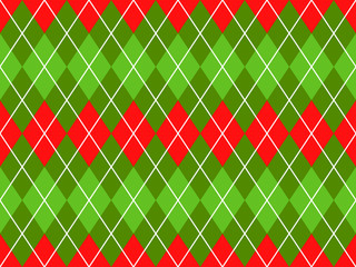 Christmas Red and Green Argyle Seamless Vector Pattern Background. Xmas Sweater Style Textile Print. Classic Stockings Diamond Check Fabric Texture. Pattern Tile Swatch Included.