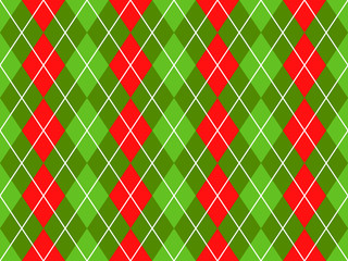 Christmas Red and Green Argyle Seamless Vector Pattern Background. Xmas Sweater Style Textile Print. Classic Stockings Diamond Check Fabric Texture. Pattern Tile Swatch Included.