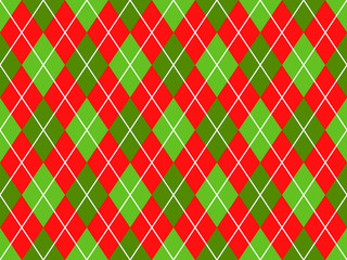 Christmas Red and Green Argyle Seamless Vector Pattern Background. Xmas Sweater Style Textile Print. Classic Stockings Diamond Check Fabric Texture. Pattern Tile Swatch Included.