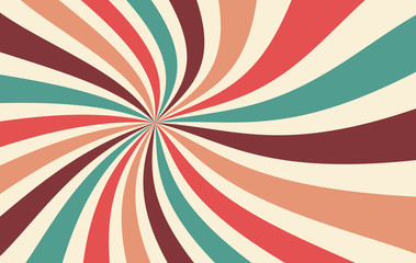 retro starburst or sunburst background vector pattern with a vintage color palette of red pink peach teal blue brown and beige in a spiral or swirled radial striped design
