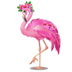 Beautiful bird pink flamingo with flowers isolated on white background. Vector cartoon close-up illustration.