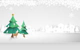 Merry christmas. Winter Snow countryside landscape. Paper and craft art