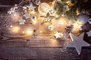 Christmas decoration in vintage style at old wooden board