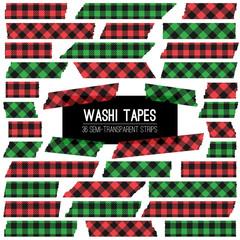 Christmas Green, Red and Black Buffalo Check Plaid Vector Washi Tape Strips. Semitransparent Stickers Mock Up. Trendy Photo Framing Isolated Design Elements. Xmas Photo Card Embellishment.