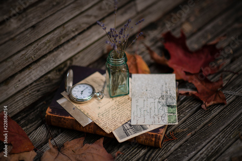 Old photos, Vintage Antique pocket watch, album and letters. © marina