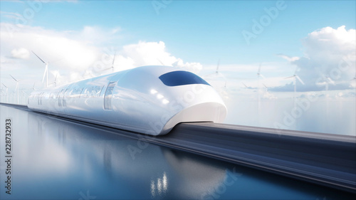 speedly Futuristic monorail train. Sci fi station. Concept of future. People and robots. Water and wind energy. 3d rendering. © chagpg