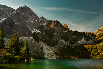 Autumn in Tatra mountain. Sea eye shore