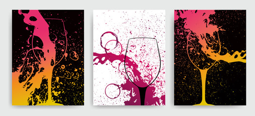 Artistic background for wine event. Idea for painting and wine event promotion. Illustration of wine glass and colorful spots. wine glass silhouette.