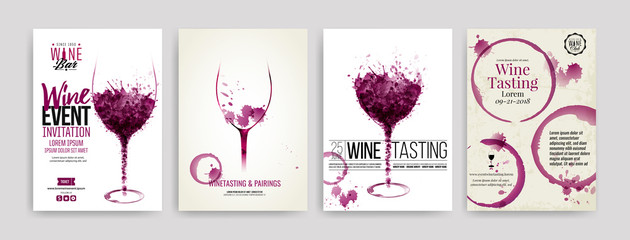 Collection of templates with wine designs. Brochures, posters, invitation cards, promotion banners, menus. Wine stains, drops. illustrations of wine glasses.