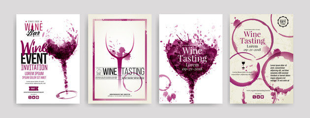 Collection of templates with wine designs. Brochures, posters, invitation cards, promotion banners, menus. Wine stains, drops. illustrations of wine glasses.