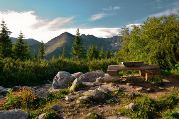 Place of relaxation at the mountain trail. Gasienicowa valley