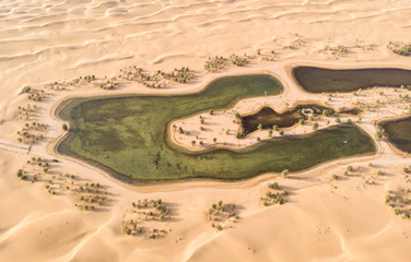 aerial view of al qudra lakes in a desert near Dubai