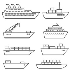 Ships, boats, cargo, logistics, transportation and shipping line icons