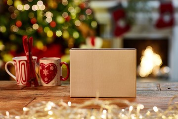 Christmas still life with box and fireplace