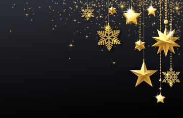 Black shiny festive background with golden stars and snowflakes.