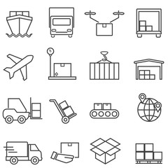 Logistics, cargo and shipping line icons