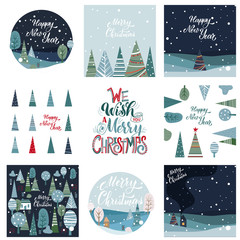 Merry Christmas and Happy New Year Postcards Set. Hand drawn lettering. Winter forest. Elements for greeting card, poster, banners. T-shirt, notebook and sticker design