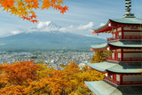 Mt. Fuji and red pagoda with autumn colors in Japan, Japan autumn season..
