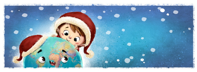 niño y planeta tierra felices en navidad
