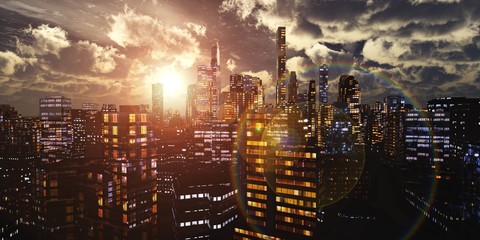 Modern city at sunset, panorama of the evening city, night city
