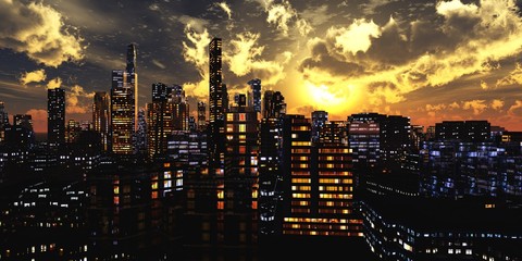 Modern city at sunset, panorama of the evening city, night city
