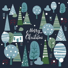 Merry Christmas and Happy New Year Postcard. Hand drawn lettering. Winter forest. Elements for greeting card, poster, banners. T-shirt, notebook and sticker design