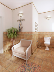 A classic armchair with a flower pot in the bathroom is a classic style.