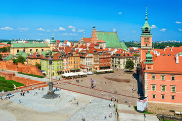 Aerial view of Sigismund Column at Castle Square in Warsaw