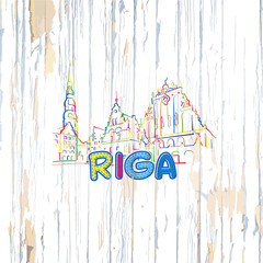 Colorful Riga drawing on wooden background