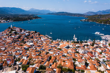 Top view of harbor on Poros island, Aegean sea, Greece.