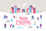 Merry Christmas greeting card. Snowy street. Urban landscape with people. Vector illustration.