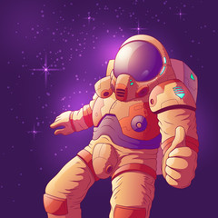 Astronaut in futuristic spacesuit showing thumb up hand sign, flying in weightlessness cartoon vector illustration. Space tourist or intergalactic traveler exploring universe. Science fiction hero