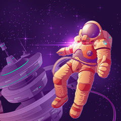 Space tourist having fun on orbit cartoon vector illustration. Astronaut in futuristic spacesuit working near starship, flying in weightlessness and showing thumbs up sign. Space explorer or traveler