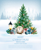 Holiday background with a Christmas tree and gift boxes and landscape. Vector