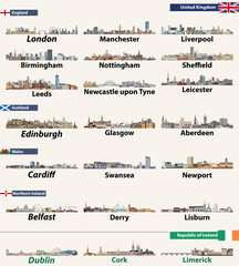 Largest cities skylines of British Isles countries: United Kingdom (England, Wales, Scotland, Northern Ireland) and Republic of Ireland. Vector illustration