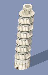 vector 3d isometric icon of Pisa Tower with flat style colored background and shadow