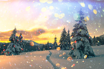 Fantastic orange winter landscape in snowy mountains glowing by sunlight. Dramatic wintry scene with snowy trees. DOF bokeh light postprocessing effect. Christmas holiday collage