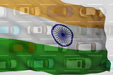 flow of cars shines through the flag of India