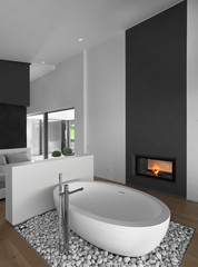 in the foreground of a freestanding bath resting on a bed of white pebbles in front of a modern fireplace in the bathroom, on the bottom there is the bedroom and the floor is made of wood