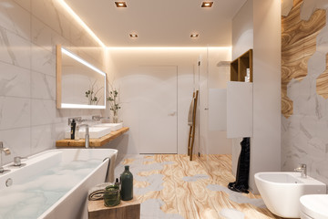 Interior design of a bathroom, 3d illustration in a Scandinavian s