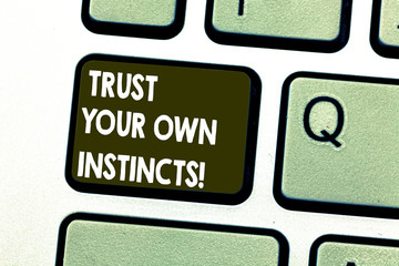 Text sign showing Trust Your Own Instincts. Conceptual photo Intuitive follow demonstratingal feelings confidence Keyboard key Intention to create computer message pressing keypad idea