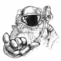Hand drawn fantastic astronaut or cosmonaut in helmet and spacesuit with hand showing bulging thumb and little finger gesture, explore and cosmos adventure concept