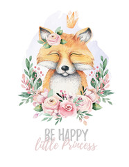 Watercolor cartoon isolated cute baby fox animal with flowers. Forest nursery woodland illustration. Bohemian boho drawing for nursery poster, pattern